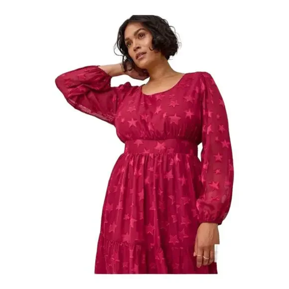 Torrid womens T size 00 medium large 10 red stars midi chiffon dress cute casual - Picture 6 of 15